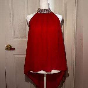 Red high-low Top with rhinestone & pearl neckline